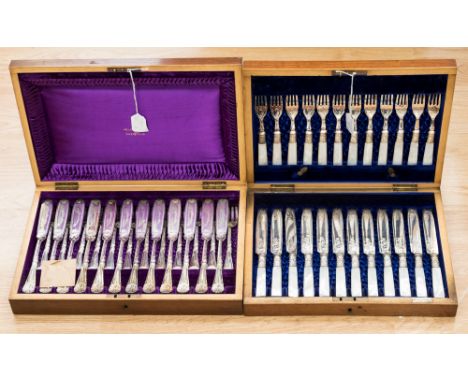 A boxed Walker & Hall set for 12, fish eaters, together with a cased fruit service, mother of pearl handle (2 cases) 