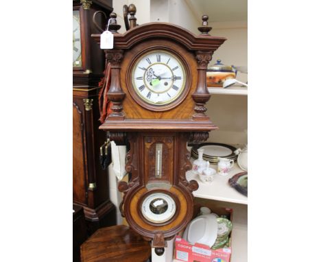 A 19th Century Gustav Becker German wall clock with temperature and barometer in mahogany case, Roman numerals