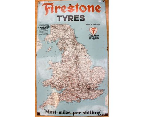 Firestone tyres enamel sign 1950s/60s, depicting map of England and Wales, aurtomobilia advertising interest, approx 121 73cm