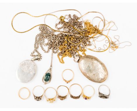 Assorted gold and silver jewellery, to include eight rings one five stone diamond set, one ruby and diamond cluster, two set 