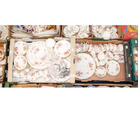 A Royal Crown Derby Derby Posies part dinner and teaset, including cups, saucers, side plates, dessert plates, dinner plates,