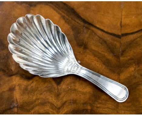 A George III silver caddy spoon, Old English threaded handle, shell moulded bowl, Elizabeth Morley, London 1803 