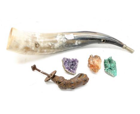 An amethyst malachite and smokey quartz collection of crystal, a Spanish cast iron door knocker, a horn (5)