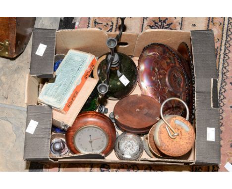 Four Caithness paperweights, plus four others, two Carnival glass bowls, a converted onion bottle, cigarette lighter, clock b