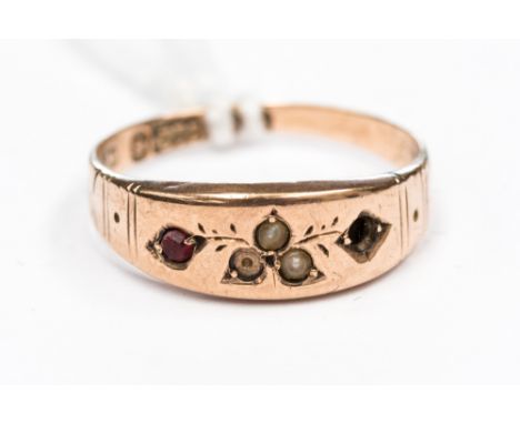 A 9ct gold ring, ruby and seed pearl, size O 