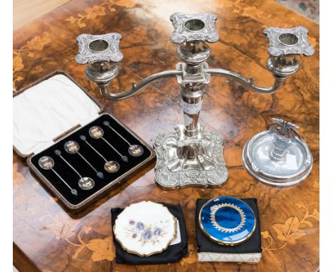 Silver coffee bean spoons, two stratton compacts Automobile Association Ashtray and Logo, candleabra (1 box)