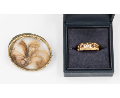 Gold 18ct ruby and diamond gentleman's ring, along with a Victorian mourning brooch