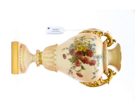 A Royal Worcester blush ivory two handled urn shaped vase, decorated with floral sprays, gilded highlights, early 20th Centur