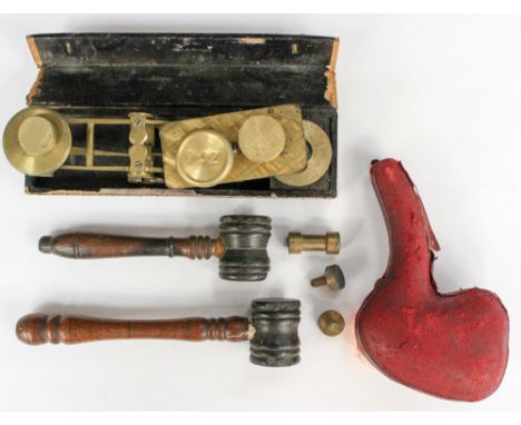 Horse head walking stick, scales, two small gavells and cased pipe