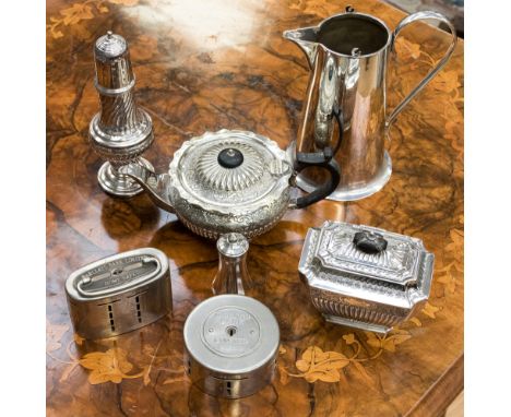A plated teapot, sugar castor, tea caddy circa 1894/95 etc (6)