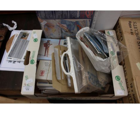 A collection of stamps, first day covers, tea cards, press packs, including later, commercial mail, etc (one box) 