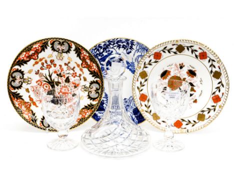 Three Royal Crown Derby dinner plates, comprising Mikado, Garden Rose and Kings pattern; together with a Royal Brierley Royal