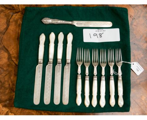 Fruit/dessert knives and forks with mother of pearl handles, six fork and five knives (two repaired) all with silver blades a