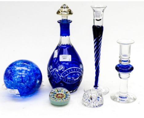 A box of glassware, including David Wallace, signed candlestick, blue air twist candlestick, Bristol Blue cut glass, Flash gl