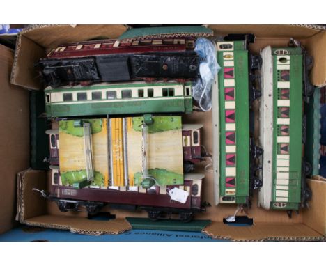Six Hornby tin plate loco LNER train carriages to include Guard Buffet car, sleeping car, etc, only;y one marked Hornby; toge