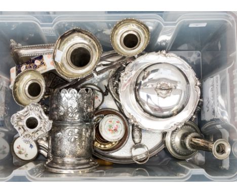 An Elkington plate Muffin dish and cover, Epergue candlestick tray, coasters etc, to also include a brass and porcelain knob 