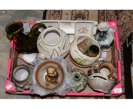 A box of Denby and Langley pottery, some pieces signed by Glyn College, with further assorted ceramics, Shelley, Clarice Clif