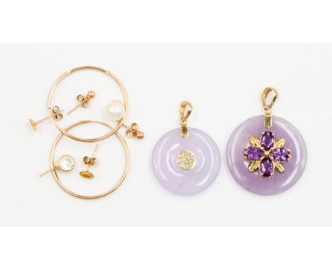 Two Chinese purple jade pendants plus a pair of gold earrings. 