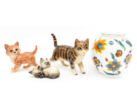 Coopercraft Tabby cat, Beswick pair of Siamese kittens and Beswick ginger kitten, plus Queens china ovoid floral vase