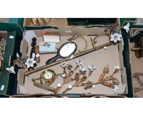 French porcelain and gilt metal towel rail, three cloak hooks, brass early 20th century clock, with riding interest, together