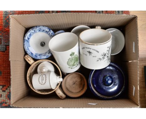 A Royal Doulton tobacco jar (8670) two Copeland Spode Mogadon tablet pots and covers, a blue/white Copeland shaving mug, a mi