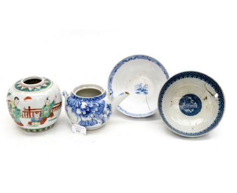 An early pearl ware bowl, as found, together with an early - possibly Worcester bowl, as found (blue and white), a Chinese te