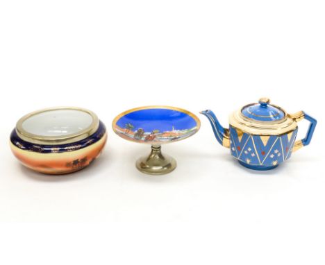 A 1920s Czechoslovakian Arabian/Egyptian scene bowl Tazza and Gibson's style enamel and gilt teapot (bright blue ground) 