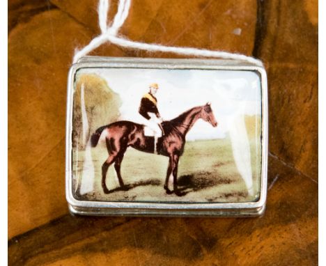 Equestrian interest: an enamelled white metal snuff box, stamped 925, Horse and Jockey 