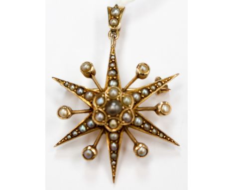 A Victorian seed pearl set star pendant/brooch, approx 33 mm diameter, unmarked, assessed as 15ct (all seed pearls intact) 5.