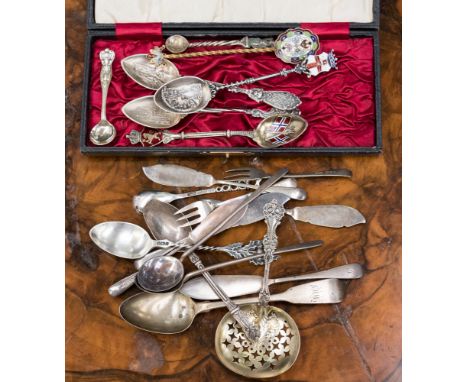 A collection of various silver spoons (four continental) to include, in the style, Russian gilt metal enamel, no marks, a cas