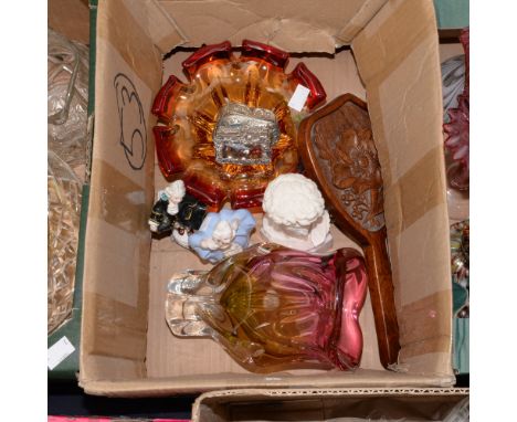 Two Italian figurines, an Italian glass vase and ashtray, a hand carved mirror, two trinket boxes (white metal) classical bus