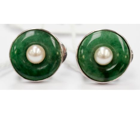 A pair of jadeite, pearl and white metal round earrings with omega clip and post fastenings. Approx size 15mm. 