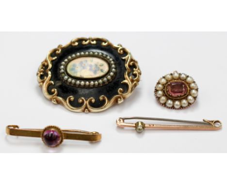 A brooch inscribed Sep 1847 yellow metal, with seed pearl and black enamel, a 9ct gold bar brooch with cabachon amethyst, a 9