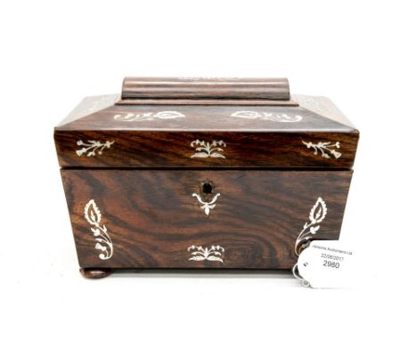 A Rosewood and mother of pearl sarcophagus tea caddy 