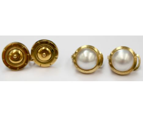 A pair of Victorian 9ct yellow gold screw earrings, together with a pair of mabe pearl 9ct yellow gold clip earrings, combine