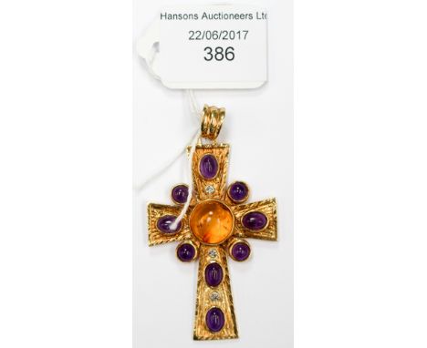 An 18ct gold, amber, amethyst and diamond set Celtic style cross, set with a central round amber along with round and oval ca