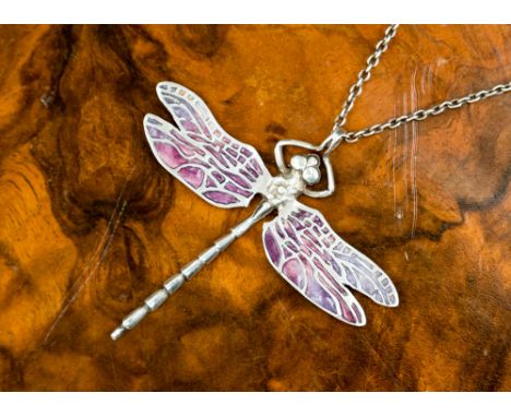 A silver and enamel Dragonfly pendant, indistinct three section hallmark, on a sterling silver chain, wings width approx 5.5 