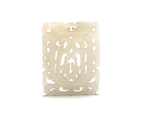 A CHINESES CELADON JADE ‘CHILONG’ PLAQUE, LATE 19TH/EARLY 20TH CENTURY the edge pierced and carved with a pair of archaic Chi