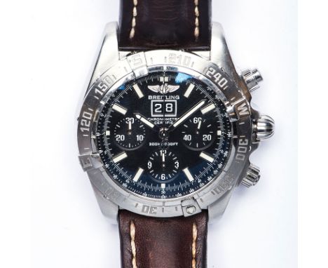 A GENTLEMAN'S STAINLESS STEEL BREITLING WRISTWATCH reference number: A44359, automatic, the black dial with luminescent baton