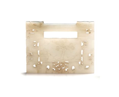 A CHINESE CELADON JADE ‘LOCK-SHAPED’ PLAQUE, LATE 19TH/EARLY 20TH CENTURY the rectangular border incised with archaic scrolls