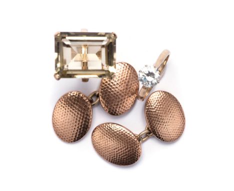 A MISCELLANEOUS COLLECTION OF RINGS AND CUFFLINKS comprising: two 9k yellow gold dress rings, one set with a cubic zirconia a