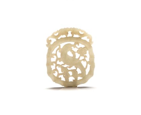 A CHINESE CELADON JADE ‘BIRD AND FLOWER’ PLAQUE, LATE 19TH/EARLY 20TH CENTURY the centre pierced and carved with a bird and f