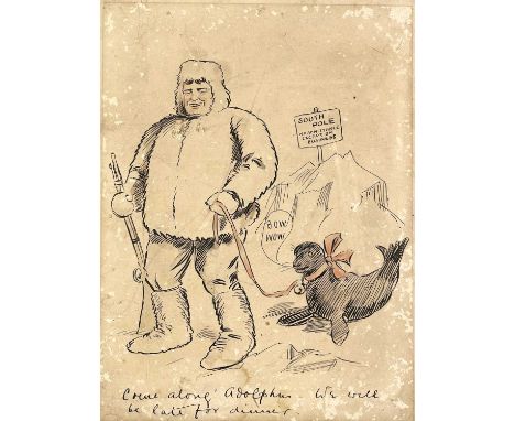 A humorous early twentieth century pen and ink sketch, inscribed 'Come along! Adolphus - we will be late for dinner.' 26.5cm 