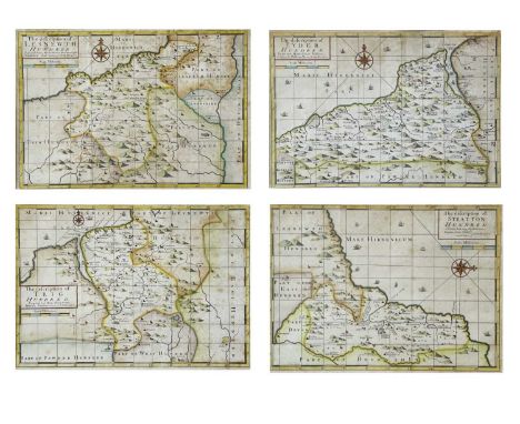 JOHN NORDEN. 'Speculi Brittanniae pars,' four framed and glazed 'Hundred's' engraved maps, Trig, Lesnewth, Pyder and Stratton