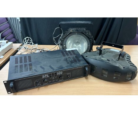 Selection of electrical items SPL 500 Amplifier, EQ Series, alumi strobe model no FL-075A and a KOOL light - all untested