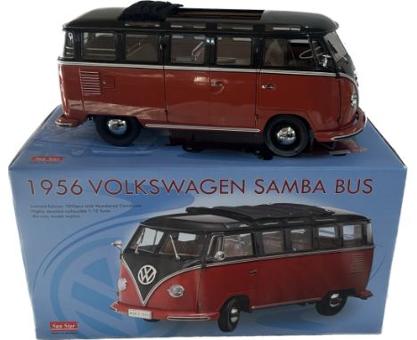 Boxed diecast replica of a 1956 Volkswagon Samba Bus by Sun Star, limited edition piece with numbered certificate. 1:12 scale