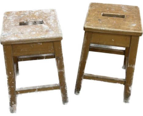 Pair of vintage wooden stools overall approximate height 20 inches tall 