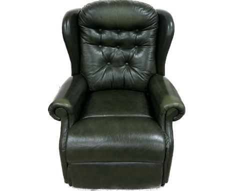 Green leather button back chair, approximate measurements: Height 42 inches, Width 32 inches, depth 36 inches