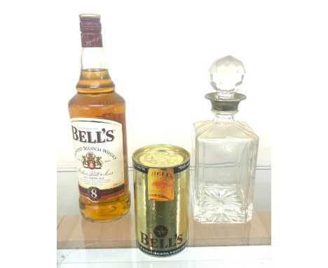 Vintage Silver plated golfing decanter a Litre bottle of Bells 8 year old Perth 1825 whisky and a cased 5cl Bottle 