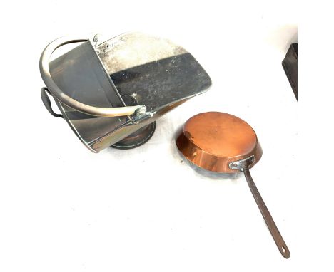 Vintage copper coal scuttle and a copper pan 